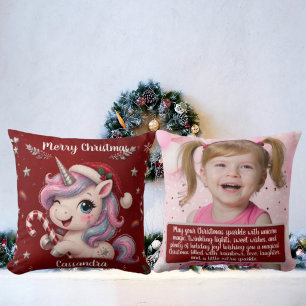 Cute Magical Crimson Christmas Unicorn Girl Photo Throw Pillow