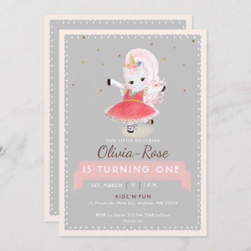 Cute Magical Dancing Unicorn Glitter Girl Birthday Invitation