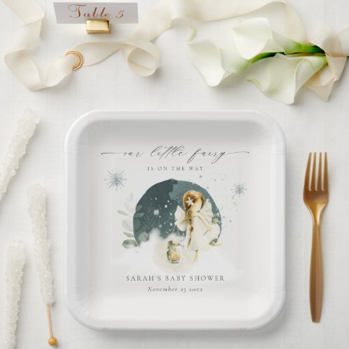 Cute Magical Enchanted Fairy On Way Baby Shower Paper Plates