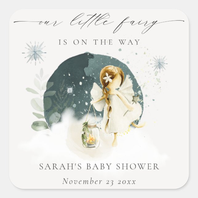 Cute Magical Enchanted Fairy On Way Baby Shower Square Sticker (Front)
