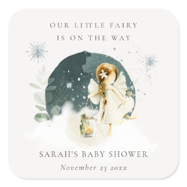 Cute Magical Enchanted Fairy On Way Baby Shower Square Sticker