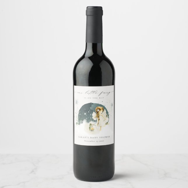 Cute Magical Enchanted Fairy On Way Baby Shower Wine Label (Front)