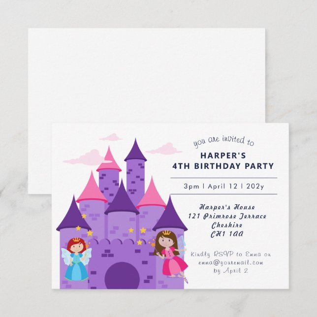 Cute Magical Fairies & Castle Girl's 4th Birthday  Invitation (Front/Back)
