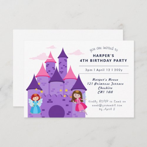 Cute Magical Fairies  Castle Girls 4th Birthday  Invitation