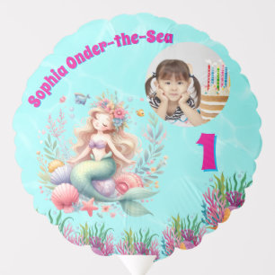 Cute Magical Floral Mermaid Photo 1st Birthday Balloon