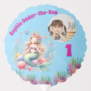 Cute Magical Floral Mermaid Photo 1st Birthday Balloon