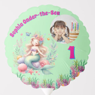 Cute Magical Floral Mermaid Photo 1st Birthday Balloon