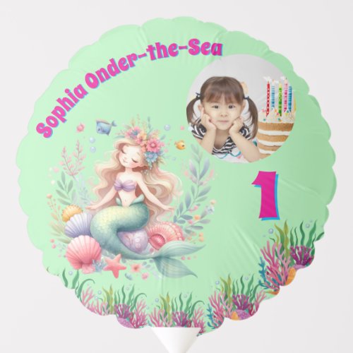 Cute Magical Floral Mermaid Photo 1st Birthday Balloon
