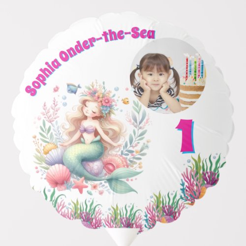 Cute Magical Floral Mermaid Photo 1st Birthday Balloon