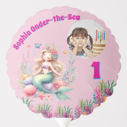 Cute Magical Floral Mermaid Photo 1st Birthday Balloon