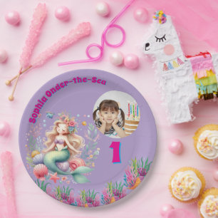 Cute Magical Floral Mermaid Photo 1st Birthday Paper Plates