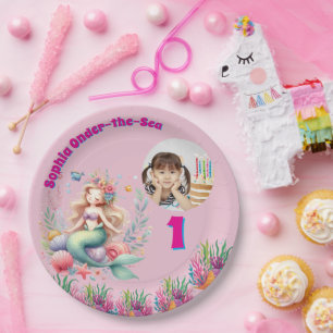 Cute Magical Floral Mermaid Photo 1st Birthday Paper Plates