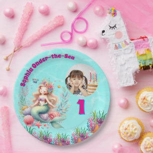 Cute Magical Floral Mermaid Photo 1st Birthday Paper Plates