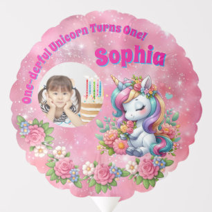 Cute Magical Floral Unicorn 1st Birthday Photo Balloon
