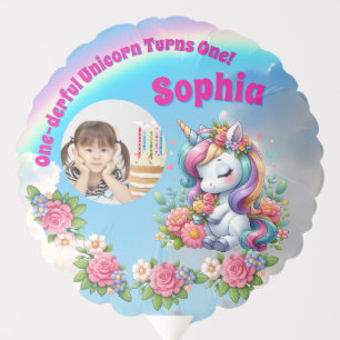 Cute Magical Floral Unicorn 1st Birthday Photo Balloon