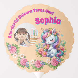Cute Magical Floral Unicorn 1st Birthday Photo Balloon