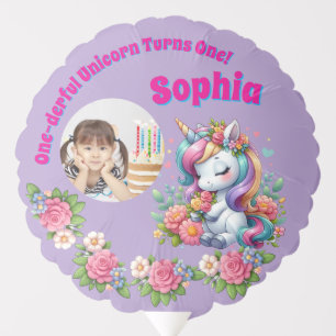 Cute Magical Floral Unicorn 1st Birthday Photo Balloon