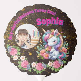 Cute Magical Floral Unicorn 1st Birthday Photo Balloon