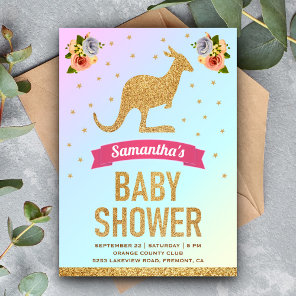 Cute Magical Gold Glitter Kangaroo Baby Shower Invitation