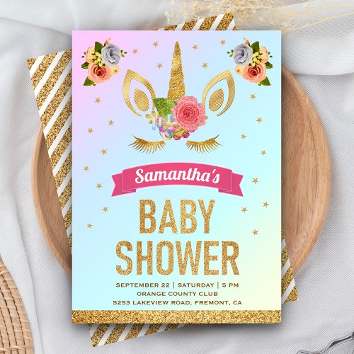 Cute Magical Gold Glitter Unicorn Face Baby Shower Invitation
