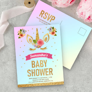 Cute Magical Gold Glitter Unicorn Face Baby Shower Invitation Postcard