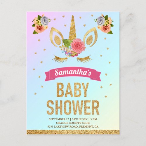 Cute Magical Gold Glitter Unicorn Face Baby Shower Invitation Postcard