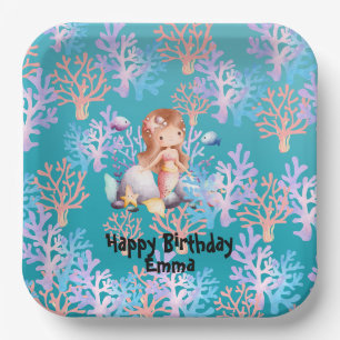 Cute Magical Mermaid fish coral sea Birthday girls Paper Plates