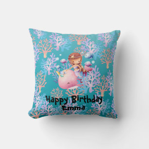 Cute Magical Mermaid fish coral sea Birthday girls Throw Pillow
