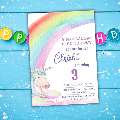 Cute magical modern unicorn rainbow 3rd birthday  invitation