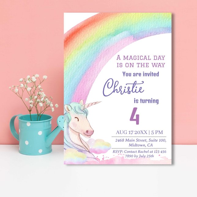 Cute magical modern unicorn rainbow 4th birthday  invitation (Creator Uploaded)