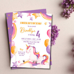 Cute magical modern unicorn rainbow 4th birthday invitation