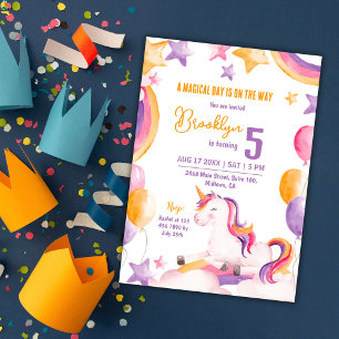 Cute magical modern unicorn rainbow 5th birthday invitation