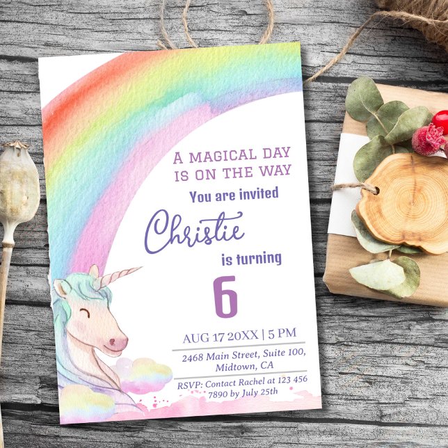 Cute magical modern unicorn rainbow 6th birthday  invitation (Creator Uploaded)