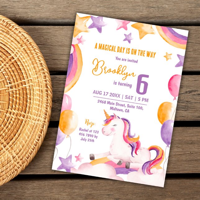 Cute magical modern unicorn rainbow 6th birthday invitation (Creator Uploaded)