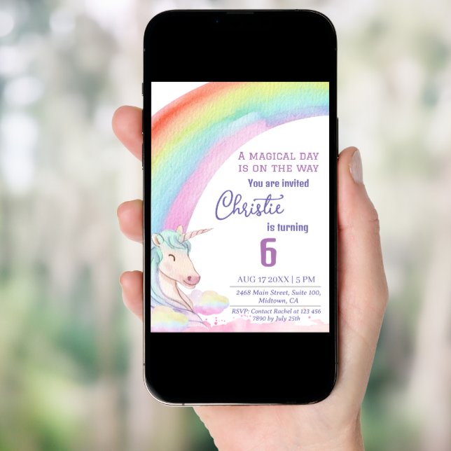 Cute magical modern unicorn rainbow 6th birthday  invitation (Front Digital)