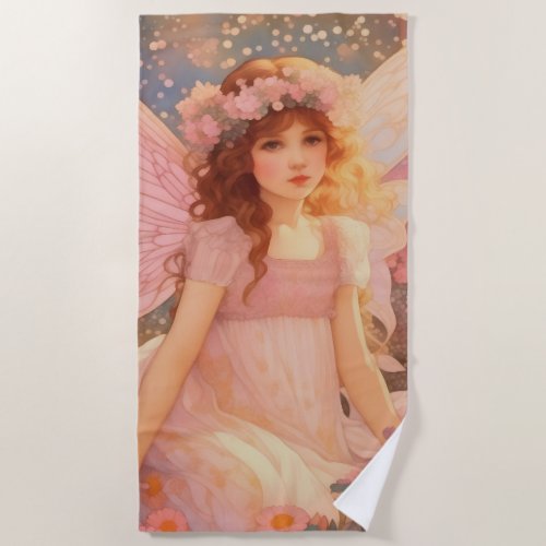 Cute Magical Pink Fantasy Fairy in Flowers Beach Towel
