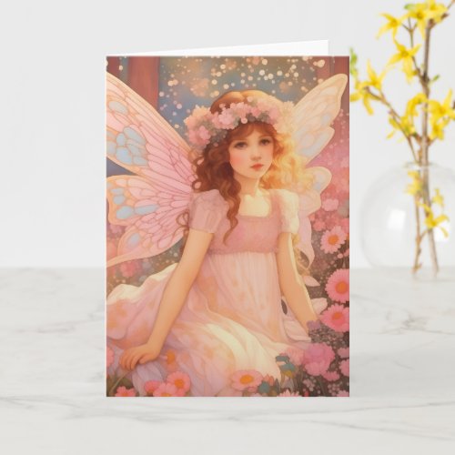 Cute Magical Pink Fantasy Fairy in Flowers Card