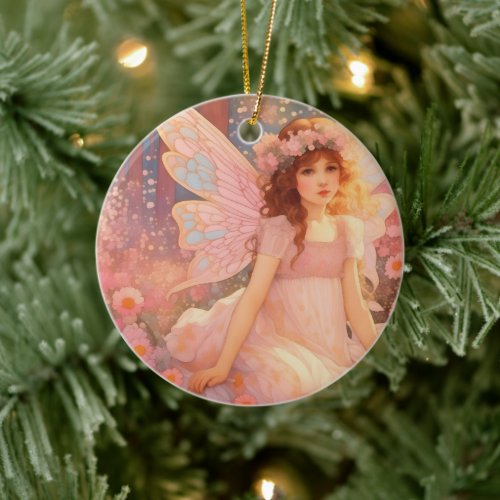 Cute Magical Pink Fantasy Fairy in Flowers Ceramic Ornament