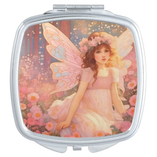 Cute Magical Pink Fantasy Fairy in Flowers Compact Mirror