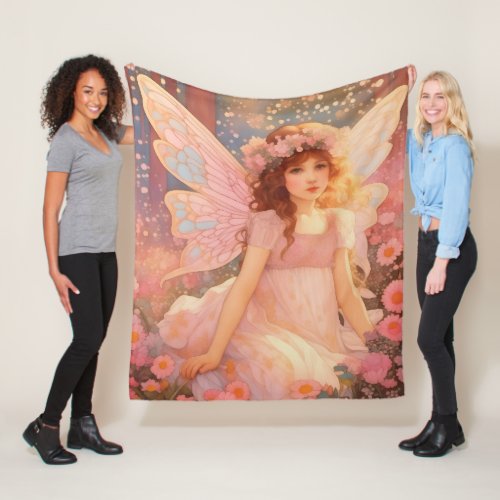 Cute Magical Pink Fantasy Fairy in Flowers Fleece Blanket