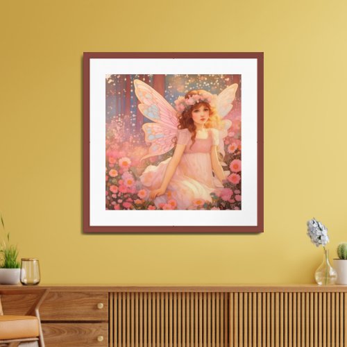 Cute Magical Pink Fantasy Fairy in Flowers Framed Art
