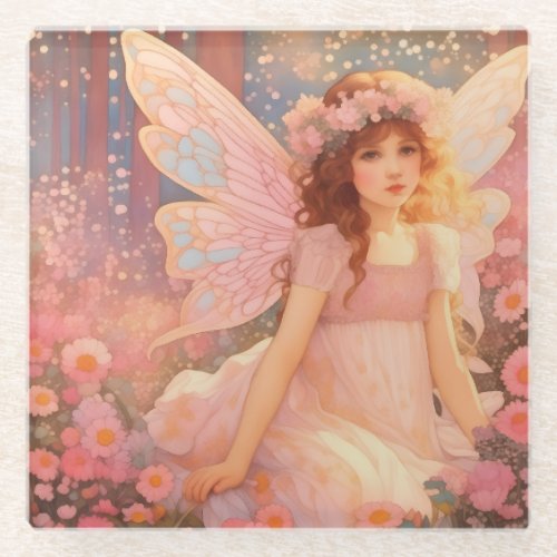 Cute Magical Pink Fantasy Fairy in Flowers Glass Coaster
