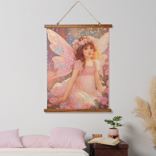 Cute Magical Pink Fantasy Fairy in Flowers Hanging Tapestry