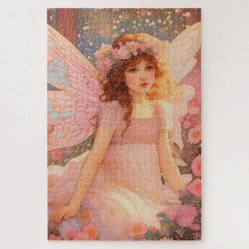 Cute Magical Pink Fantasy Fairy in Flowers Jigsaw Puzzle