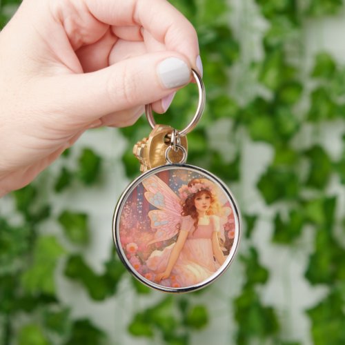 Cute Magical Pink Fantasy Fairy in Flowers Keychain