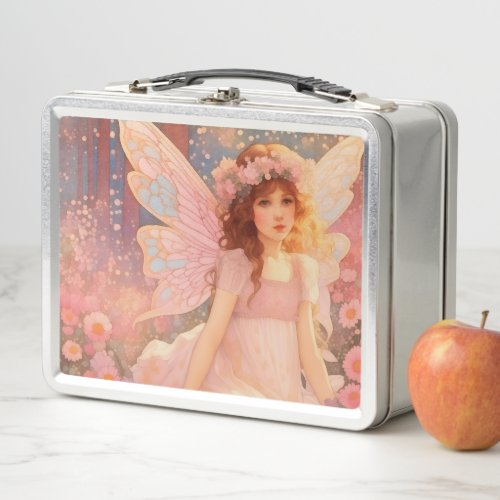 Cute Magical Pink Fantasy Fairy in Flowers Metal Lunch Box