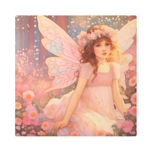 Cute Magical Pink Fantasy Fairy in Flowers Metal Print