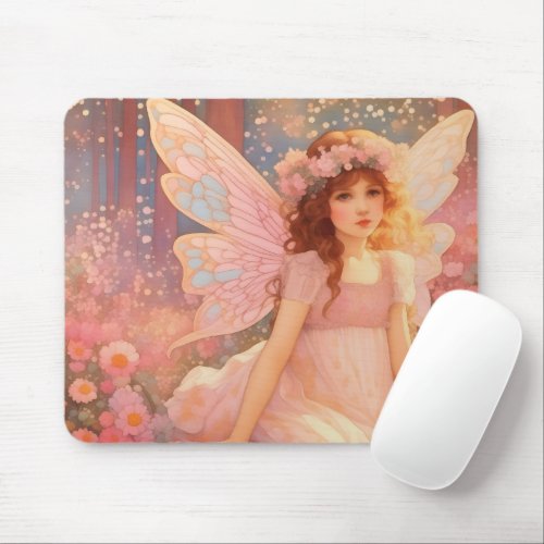 Cute Magical Pink Fantasy Fairy in Flowers Mouse Pad