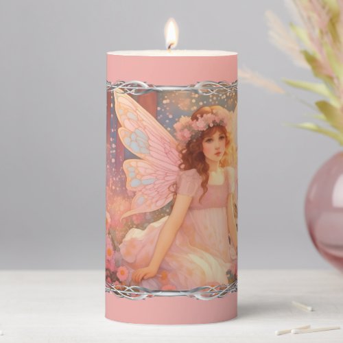 Cute Magical Pink Fantasy Fairy in Flowers Pillar Candle