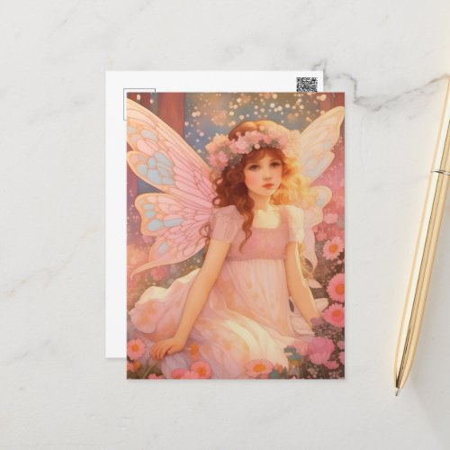 Cute Magical Pink Fantasy Fairy in Flowers Postcard